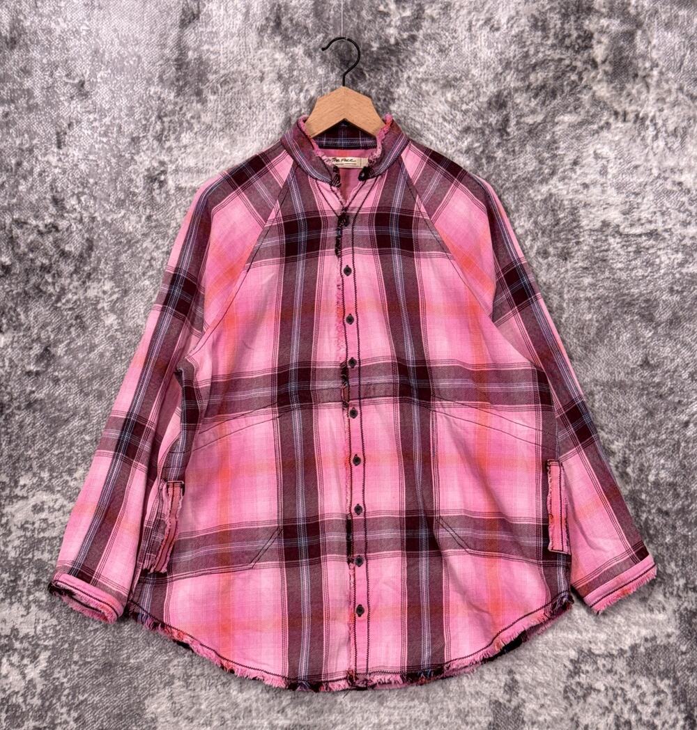 Free People Top XS Womens Pink Plaid Long Sleeve Button Oversized Tunic